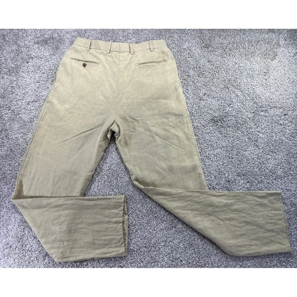 Island Pacific John W Nordstrom Mens 33R Khaki 100% Linen Pleated Trousers Pants